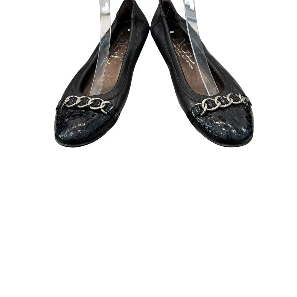 AGL Black Leather Croc Cap Toe Chain Ballet Flats EU 39 US 9